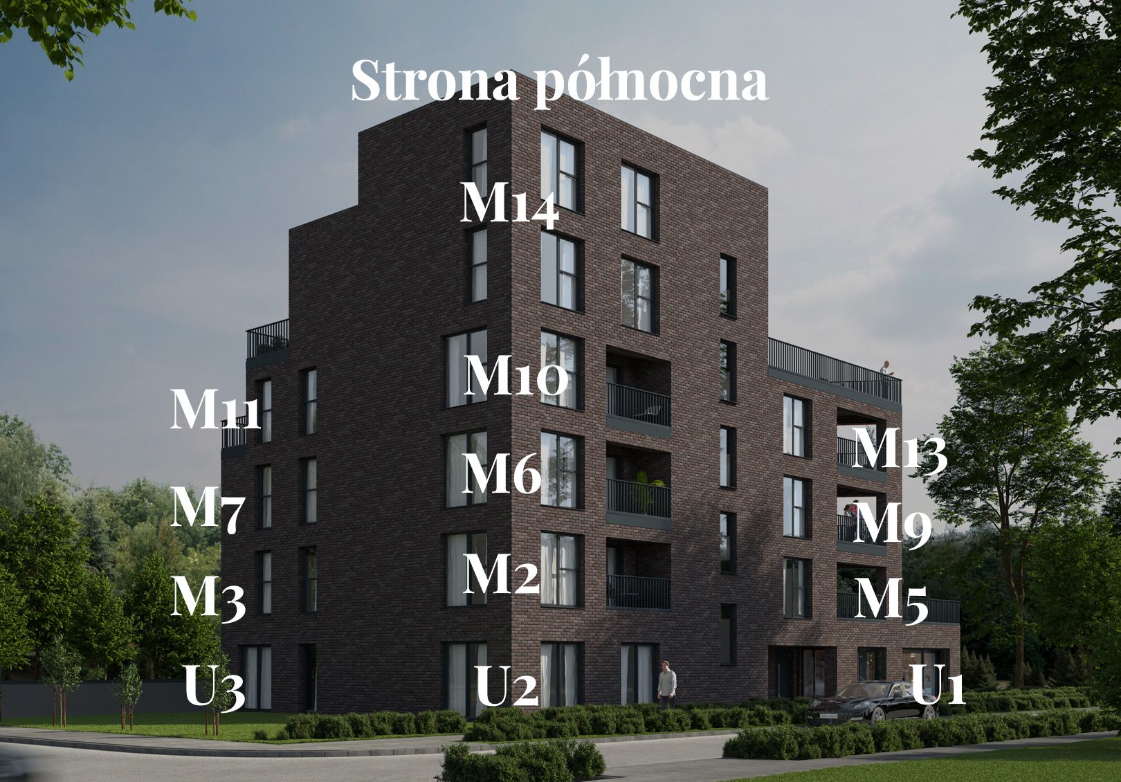 widok budynku z zaznaczonymi numerami apartamentów - część pierwsza